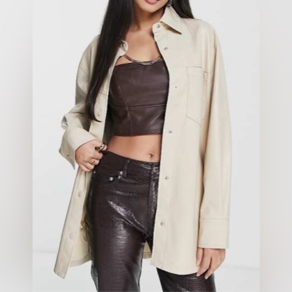 Topshop Faux Leather Oversized Shirt Jacket w Front Chest Pockets